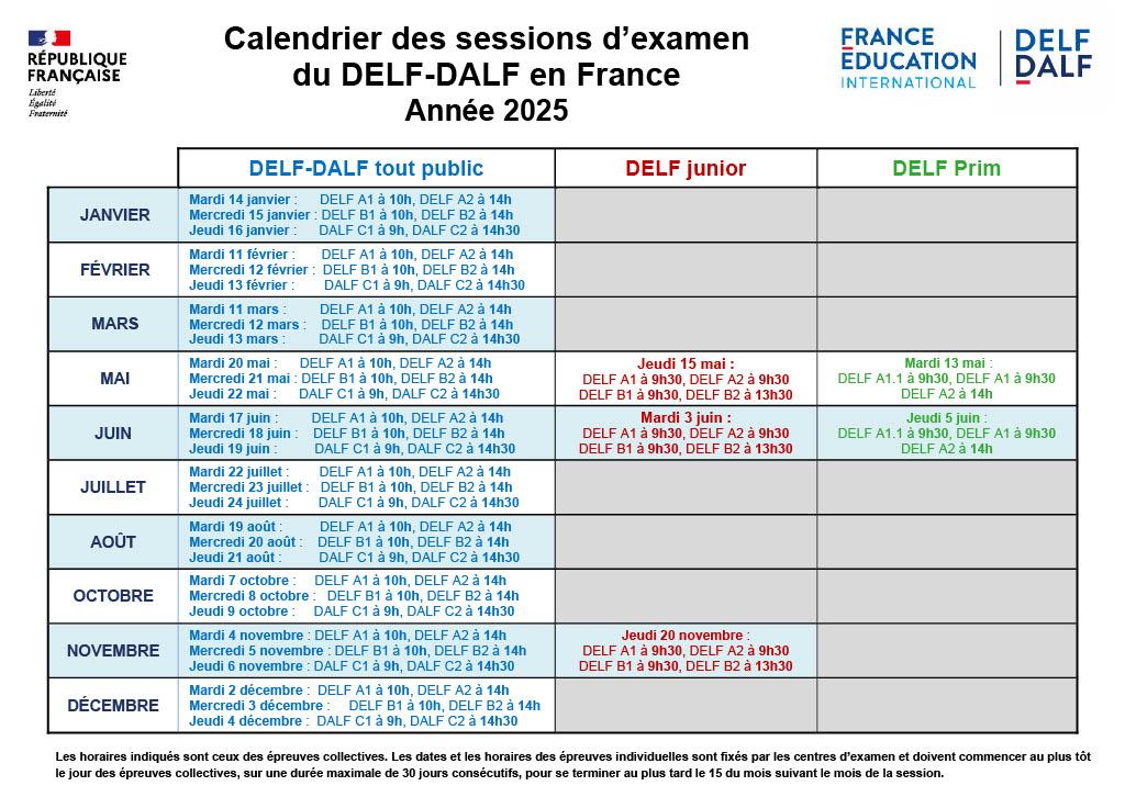 Calendrier delf dalf 2025